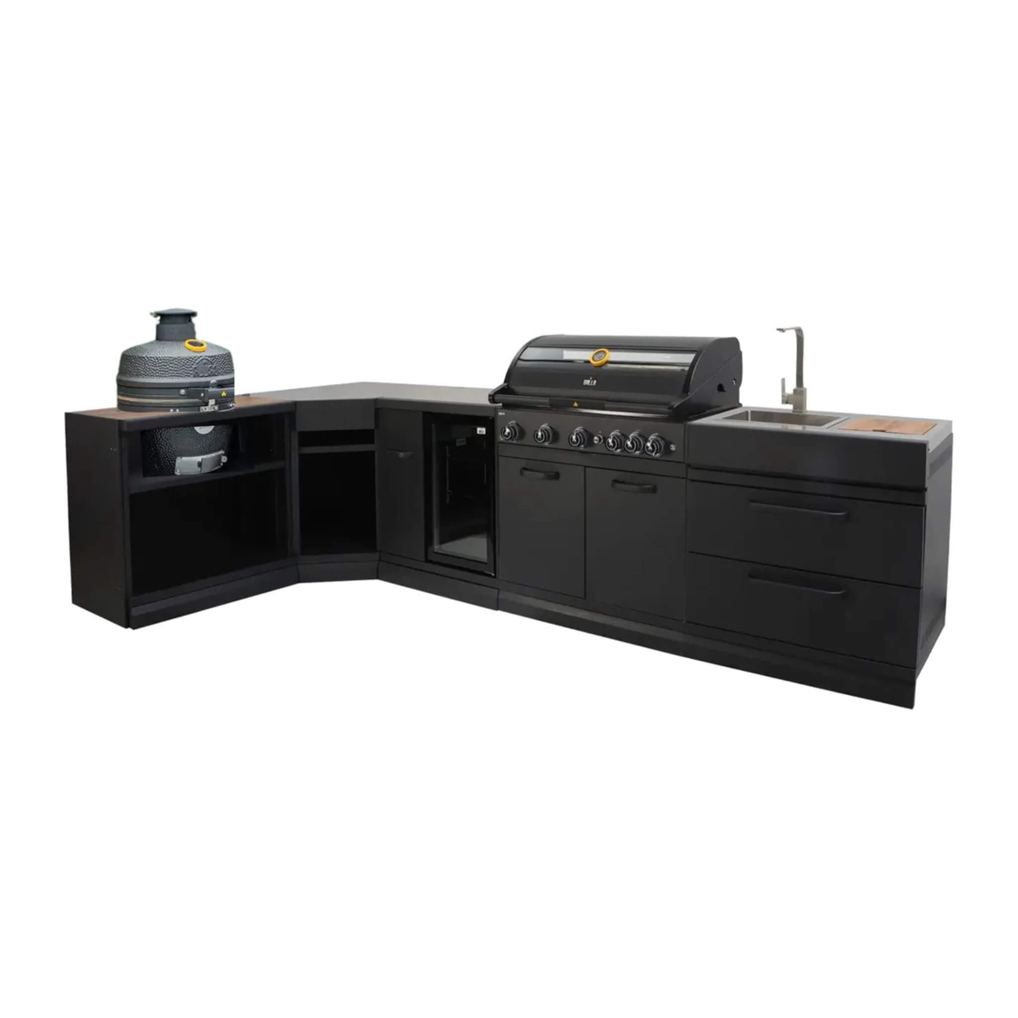 GRLLR Connect L-Shape Outdoor Kitchen – BBQ, Sink, Fridge & Kamado Cabinet (Optional Kamado)