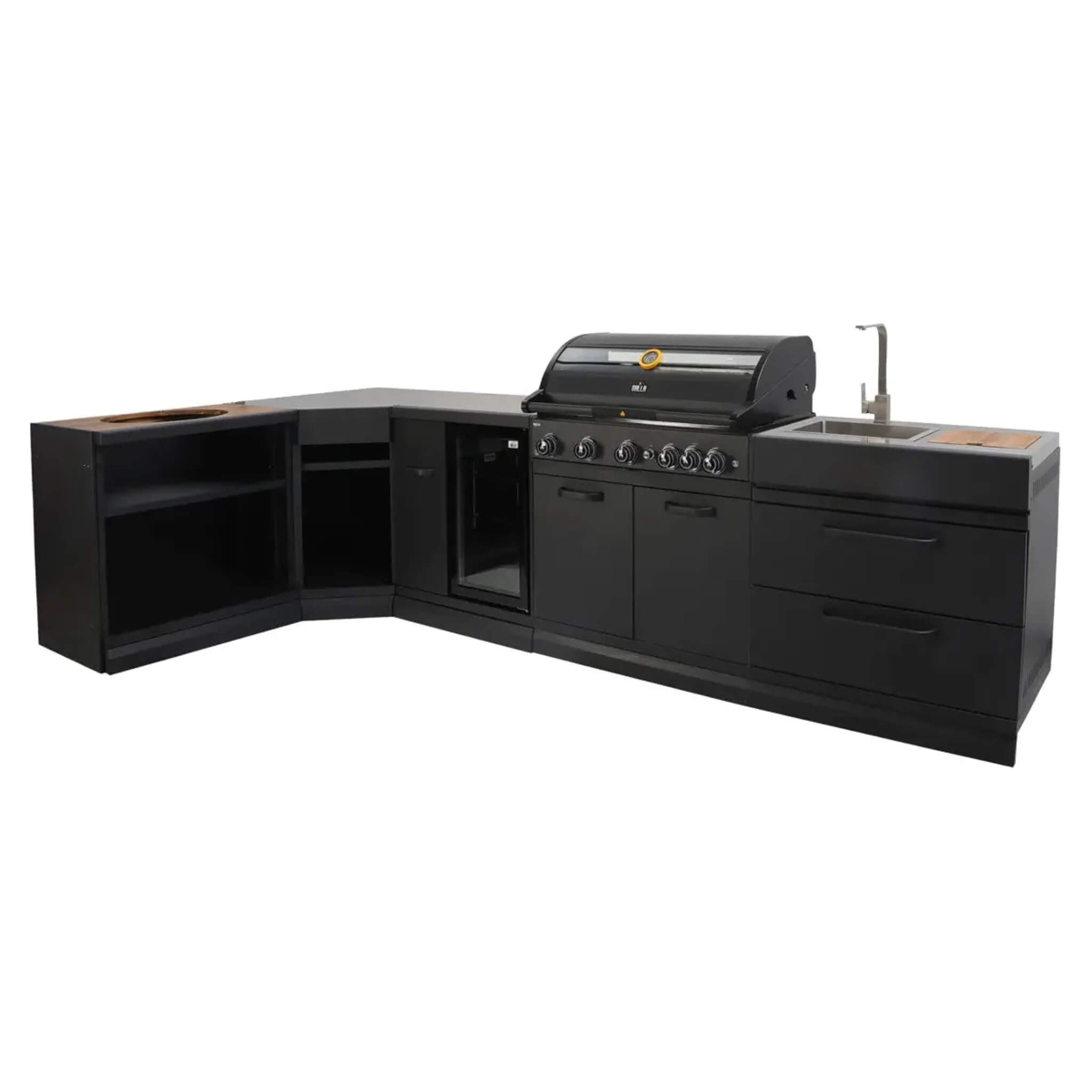 GRLLR Connect L-Shape Outdoor Kitchen – BBQ, Sink, Fridge & Kamado Cabinet (Optional Kamado)